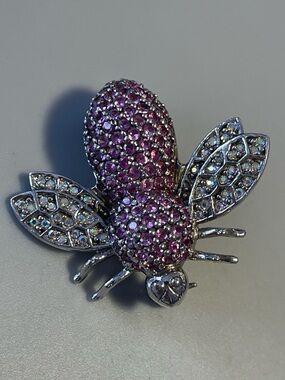 925 Silver Bumblebee Brooch with Pink and AB colored rhinestones - 1 3/8” long